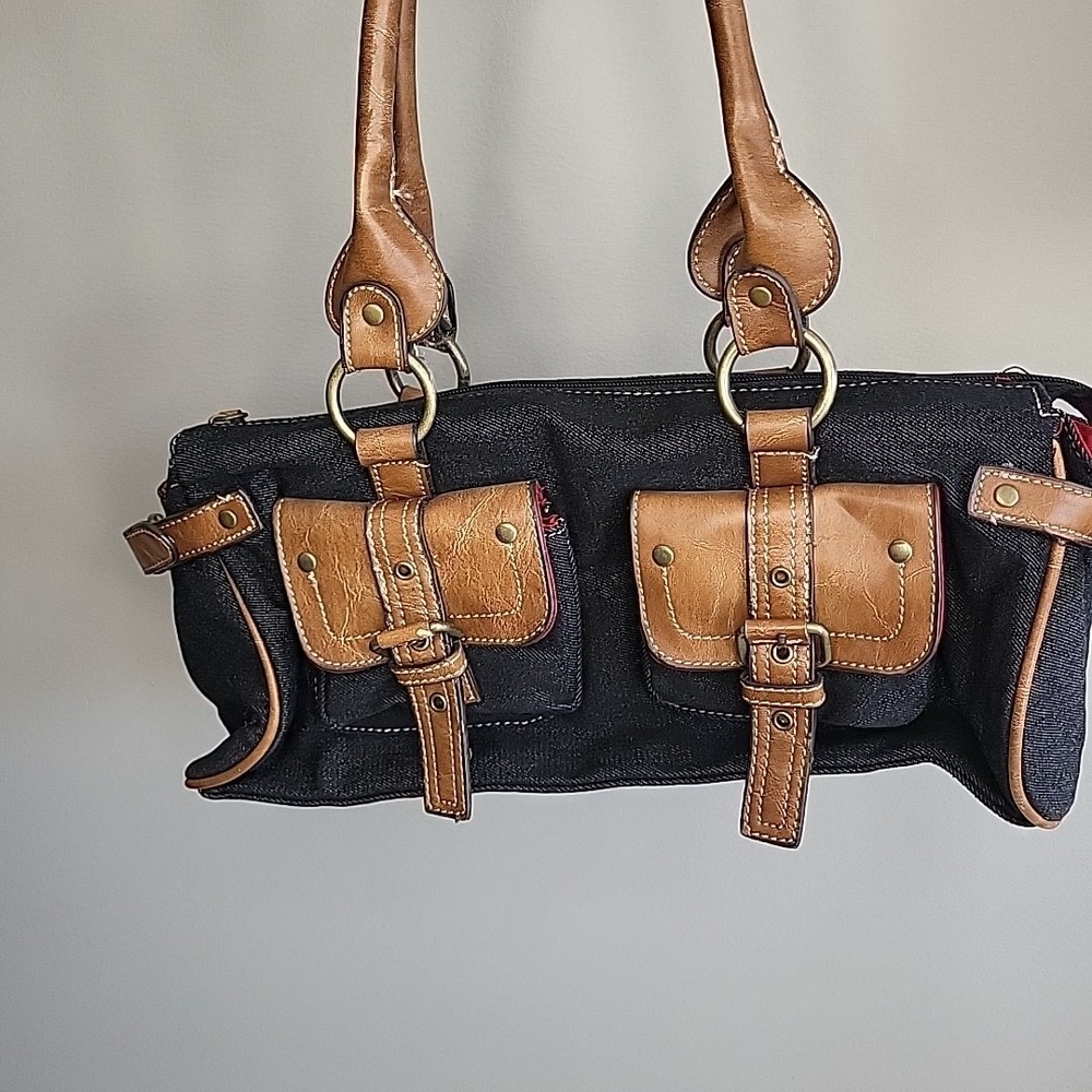 VINTAGE Denim Fabric Brown and Black Satchel Shoulder Bag Retro Y2K